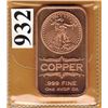 Image 1 : 1 OUNCE COPPER BAR  .999 FINE - ST. GAUDENS DESIGN