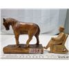 Image 1 : Wood Carvings - Horse and Old Man on Chair - Both Signed