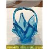 Image 1 : Vintage art glass aqua blue basket - trinket/candy dish.  6" tall