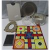 Image 1 : 1 game board, 2 picture frames, glass cheese dome & metal plate, mosaic bowl, document stand/holder 