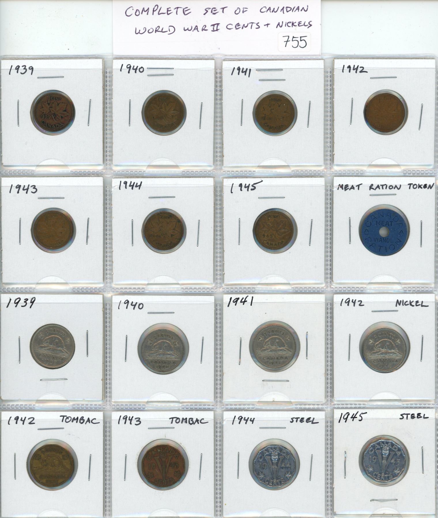 Meat Ration Token Complete Set of Canadian World War II Cents & Nickels 1939 – 1945 plus ...