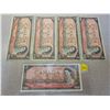 Image 1 : Lot of five 1954 Bank of Canada $2.00 two dollar bills - one is UNC