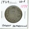 Image 1 : 1929 Canadian Silver 50 Cents. Key Date. Mintage of 206,398. Great Depression coin. VG-8.