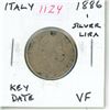 Image 1 : Italy. 1886 1 Silver Lira. Key Date. VF. Holed for suspension.