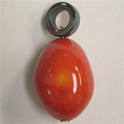 14K GOLD 40x20 MM BAMBOO CORAL AND HEMATITE UNISEX PENDANT