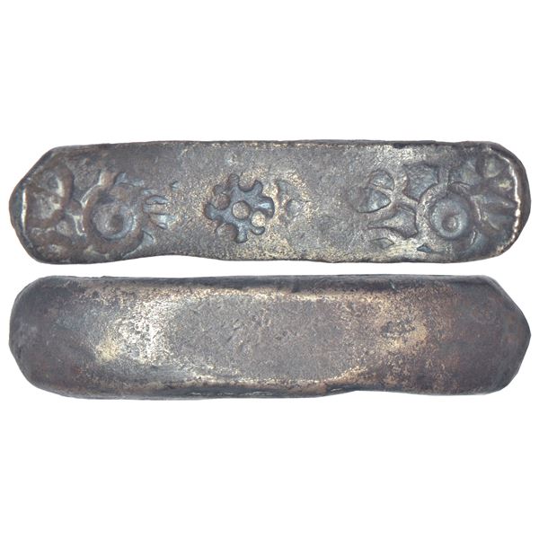 Ancient India: Archaic silver punch marked 'bent bar' coin, attributed to 'Gandhara Janapada' (c.600