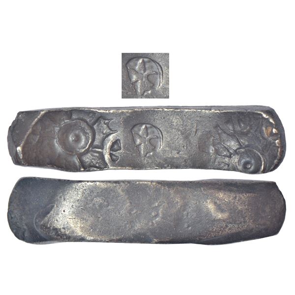 Ancient India: Archaic silver punch marked 'bent bar' coin, attributed to 'Gandhara Janapada' (c.600