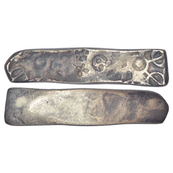Ancient India: Archaic silver punch marked 'bent bar' coin, attributed to 'Gandhara Janapada' (c.600