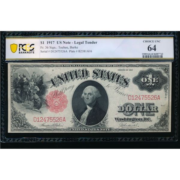 1917 $1 Legal Tender Note PCGS 64