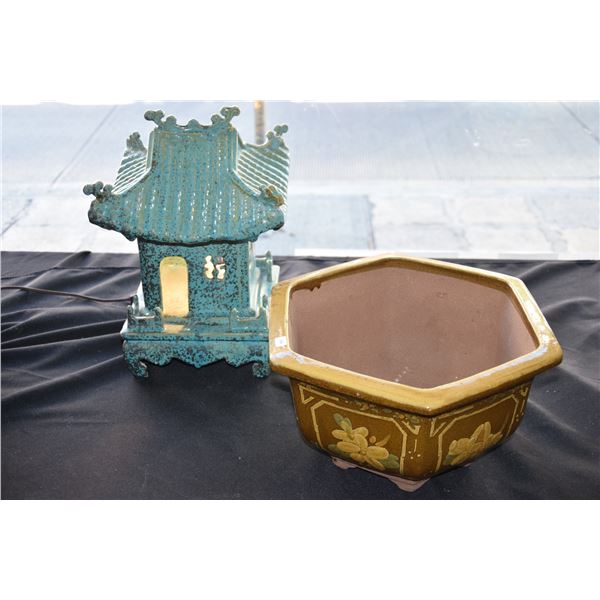 CERAMIC PAGODA GARDEN LAMP (15") & 6-SIDE STONEWARE PLANTER (14 1/4")