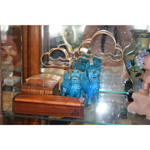 KOA BOXES, CERAMIC TURQUOISE GLAZED FOO DOGS & CLOUD SCULPTURE (5 PCS)