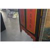 Image 2 : CHINESE RED & BLACK LACQUER STORAGE CABINET W/ANCIENT CALLIGRAPHY (59" X 35 34" X 18")