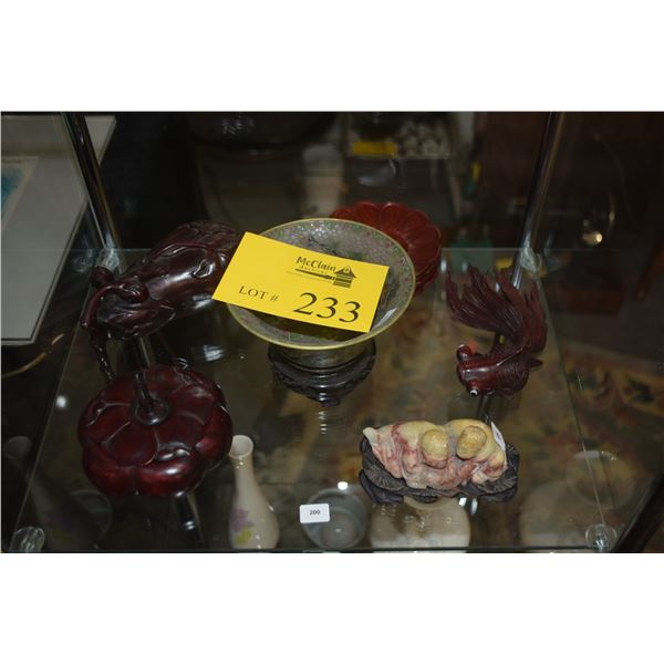 MIX LOT: CHINESE ROSEWOOD BOXES & GOLD FISH, PLIQUE A JOUR BOWL & STAND & 2 FIGURE STONE CARVING ON 