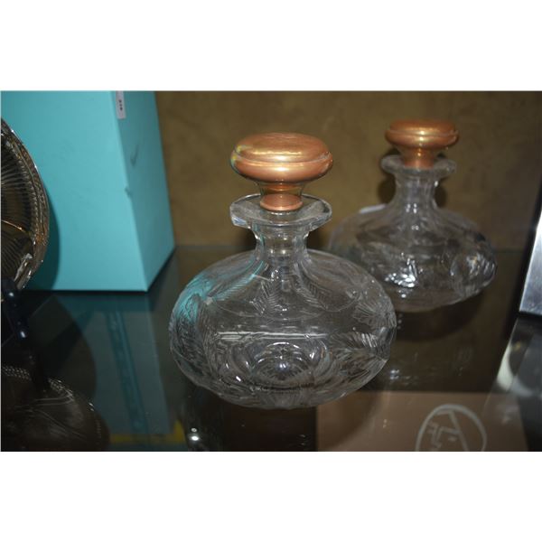 CRYSTAL SCENT BOTTLES W/14K STOPPERS, MONOGRAMMED (PAIR)