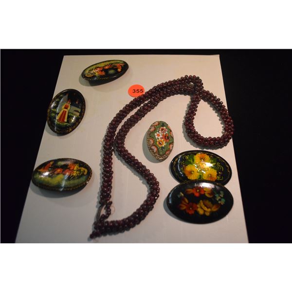 GARNET BEAD NECKLACE, MICROMOSAIC & RUSSIAN LACQUER BROOCHES (7 PCS)