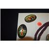 Image 2 : GARNET BEAD NECKLACE, MICROMOSAIC & RUSSIAN LACQUER BROOCHES (7 PCS)