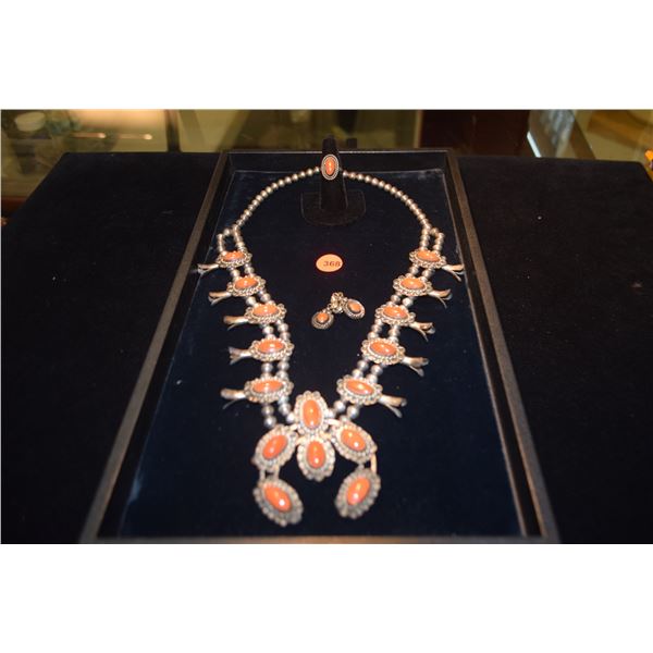 SILVER & CORAL SQUASH BLOSSOM NECKLACE, EARRINGS & RING (3 PCS)