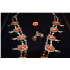 Image 3 : SILVER & CORAL SQUASH BLOSSOM NECKLACE, EARRINGS & RING (3 PCS)