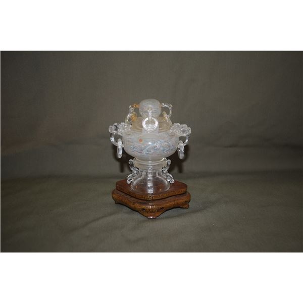 CHINESE CRYSTAL GLASS REVERSED PAINTED DRAGON ORNAMENTAL CENSER W/STAND (SOME DAMAGE) (6")