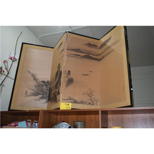 4 PANEL JAPANESE SCREEN, SUMI-E PAINTING ON SILK (SOME DAMAGE) (APPROX 66  X 36 )