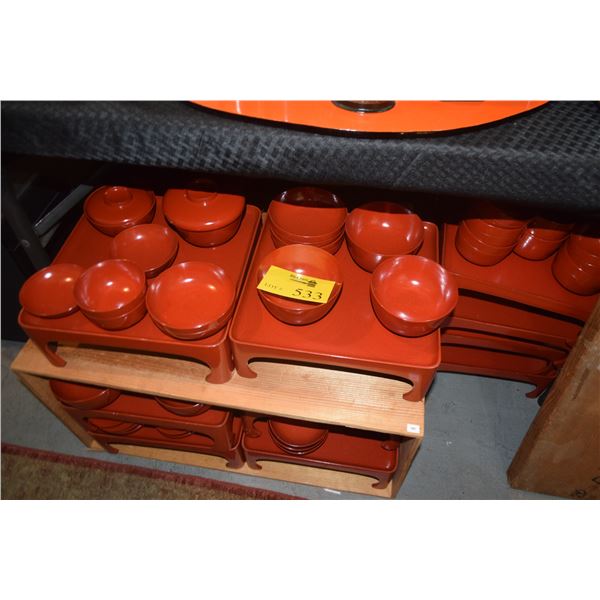 JAPANESE RED LACQUER SERVING SET: BOWLS & TRAY W/ORIGINAL SIGNED STORAGE BOX