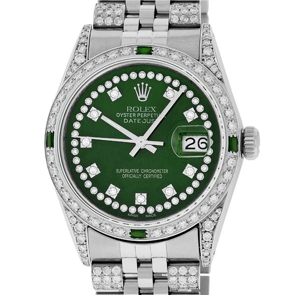 Rolex Mens Stainless Steel Green Diamond Lugs & Emerald Datejust Wristwatch