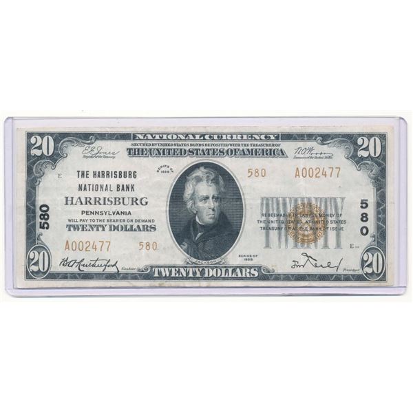 Rare 1929 Harrisburg Nat'l Bank Harrisburg PA $20 Note