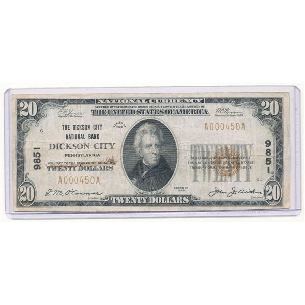 Rare 1929 Dickson City Nat'l Bank Dickson PA $20 Note