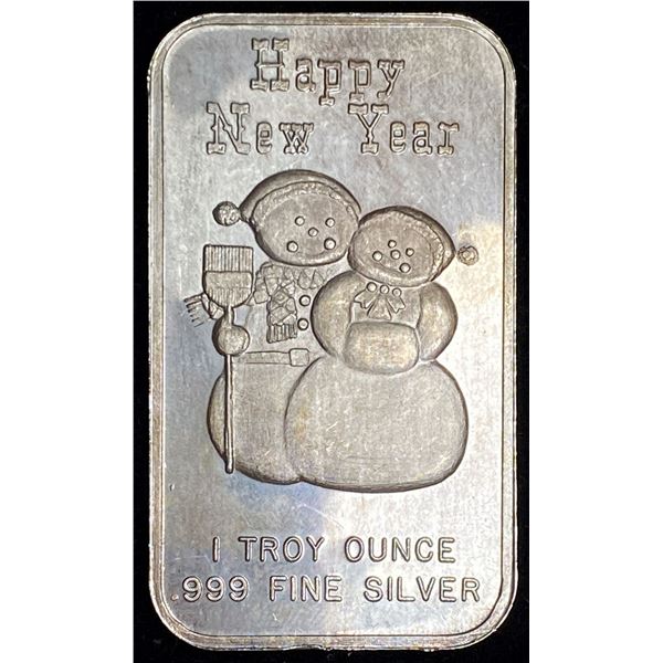 Happy New Year Snowman .999 Silver 1 ozt Bar