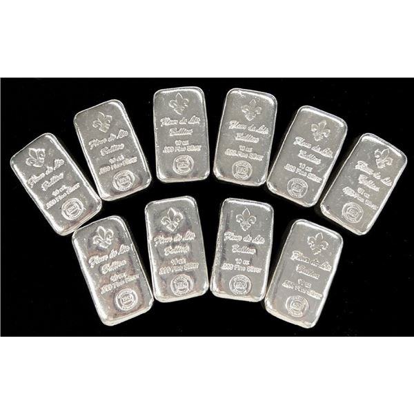(10) 10 ozt .999 Fine Silver Fleur De Lis Bullion Bars