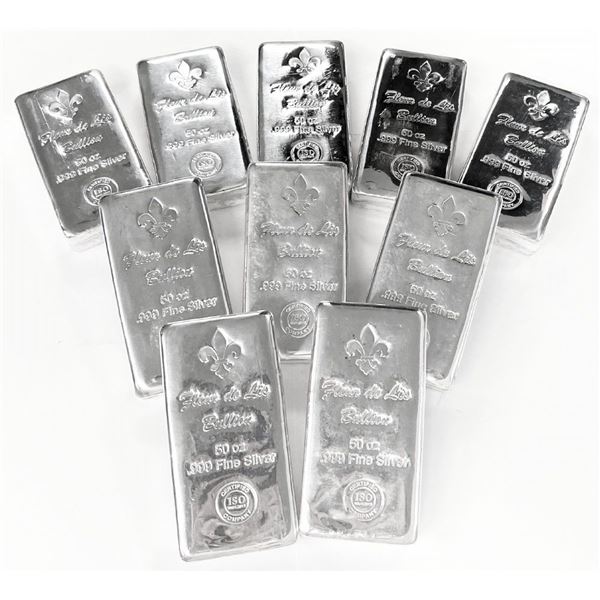 (10) .999 Fine Silver 50 ozt Fleur De Lis Bullion Bars