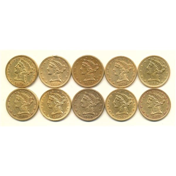 (10) Circulated $5.00 Liberty Gold