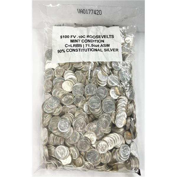 $100 FV Mint Condition Pre-65 90% Roosevelt Silver Dimes
