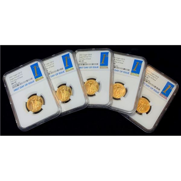 (100) 2021 $10 Gold Eagle Type 2 First Day NGC MS70