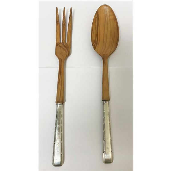 Vintage Sterling Silver And Wood Serving Spoon And Fork