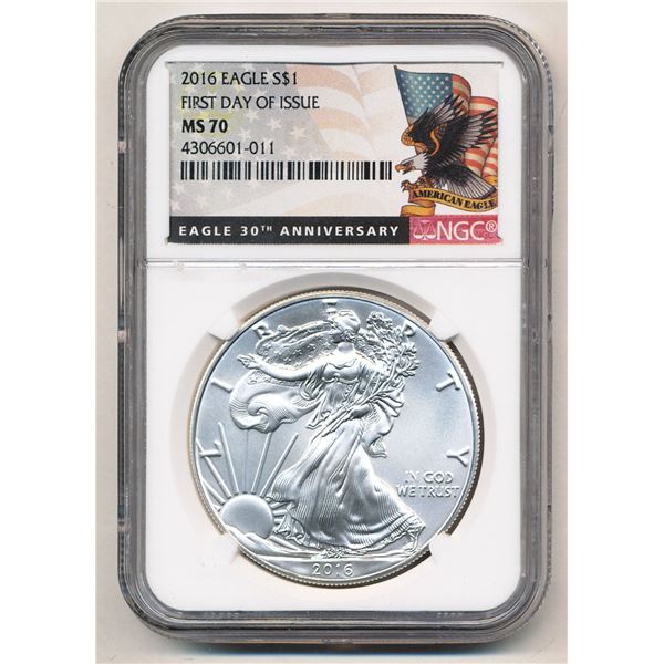 2016 30th Ann. 1st Day Issue Silver Eagle NGC MS70
