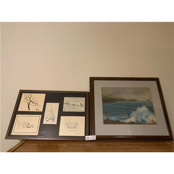 Collage of Sketches by F.D Locke and Oil on Canvas Painting of Rocky Shores