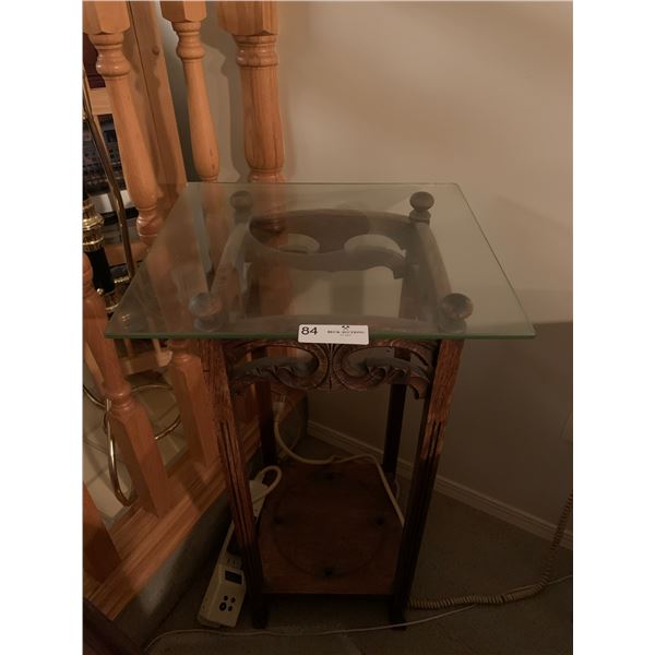 Vintage Wooden Side Table with Glass Top