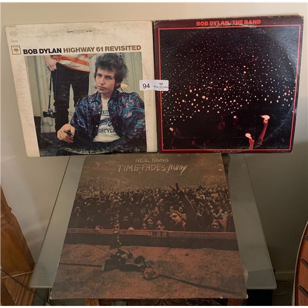 3 x Vinyl Records - Neil Young (Time Fades Away), Bob Dylan (Hwy 61 Revisited and Before the Flood)