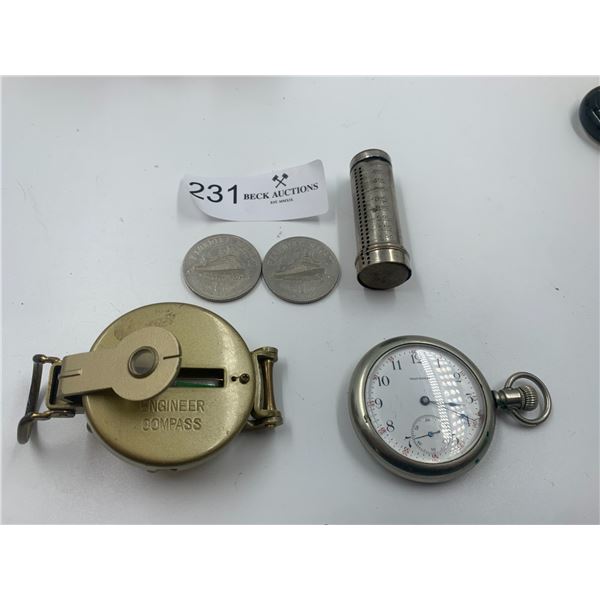 Vintage Pocket Watch, Engineer Compass, Metal Coin Roll, and Klondike Days 1971 $1 Tokens