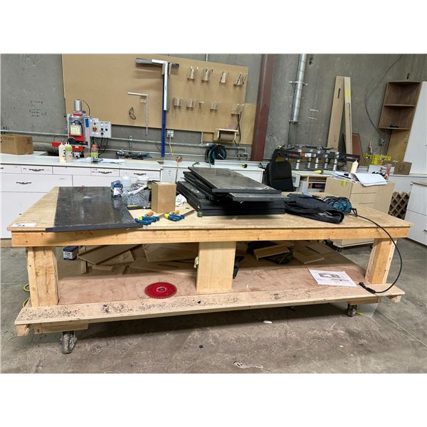MOBILE WOOD WORK TABLE 97"W X 40"D X 33"H