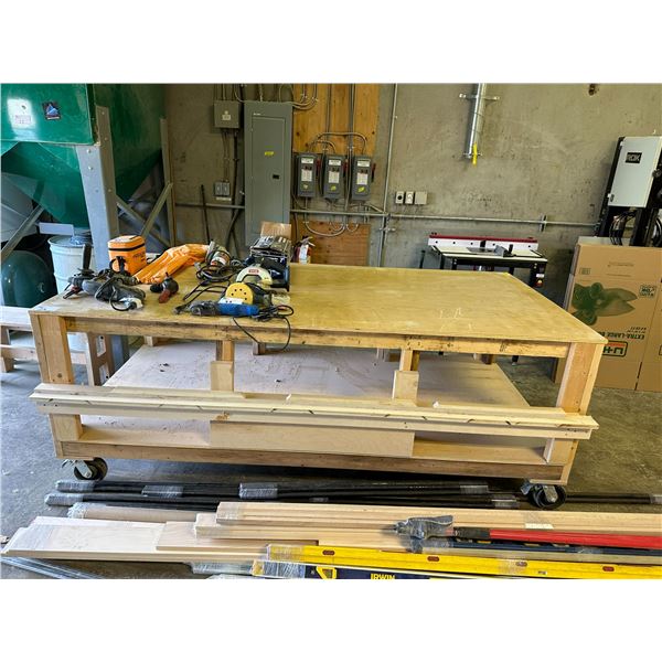 MOBILE WOOD WORK TABLE 97"W X 48"D X 37"H