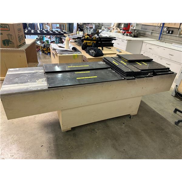 MOBILE WOOD WORK TABLE 91"W X 26"D X 31"H