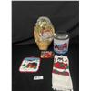 Image 1 : Nice Farmhouse Christmas Lot. Tea Towels, Gift Basket,Milk Tin Etc