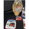 Image 2 : Nice Farmhouse Christmas Lot. Tea Towels, Gift Basket,Milk Tin Etc