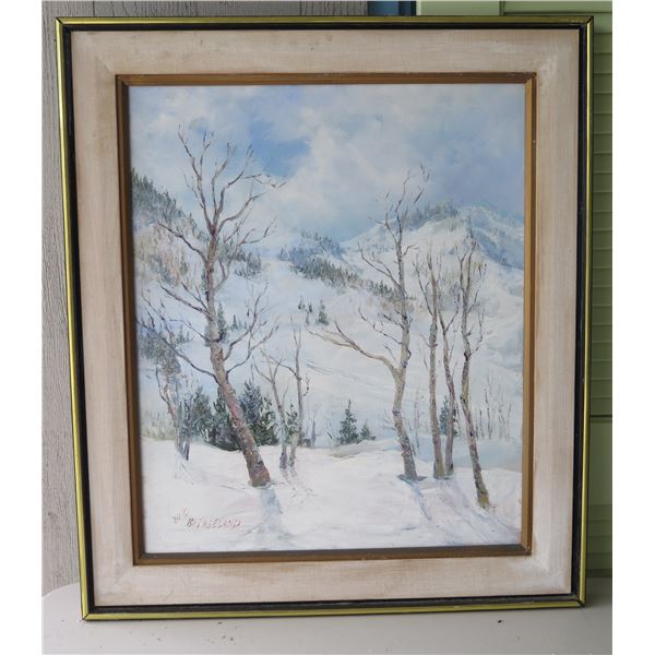 Winter Scene Oil Painting, Signed BH Freeland '84, Framed & Matted 26"x30"