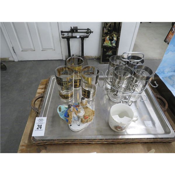 Serving Tray w/Drinking Glasses, Figurine & Cup