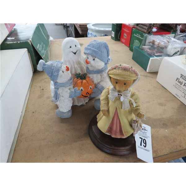 Bear & Snowman Figurine (2) Note Umbrella Handle Broken Off