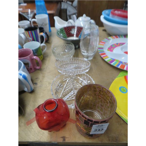 Cut Crystal Divided Dish, Footed Dish, Bud Vase & Teapot