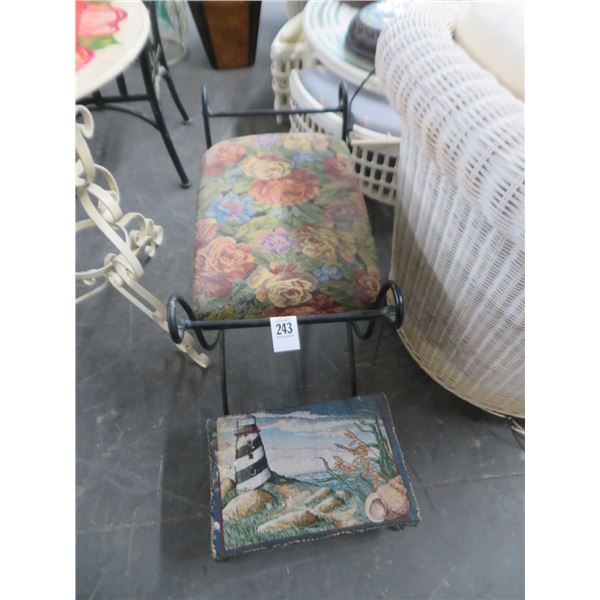 Ornate Metal Padded Vanity Foot Stools (2)